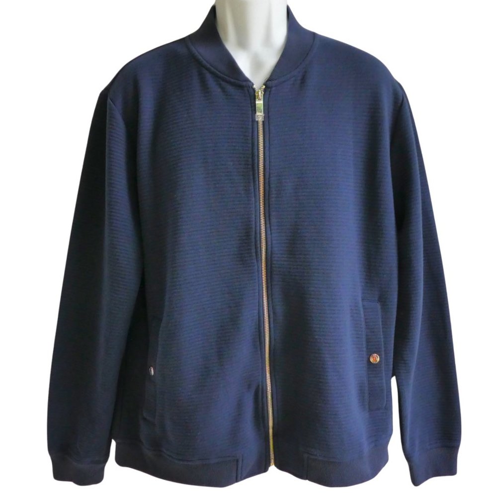 Magaschoni Man Full Zip Bomber Sweater Jacket Navy Ribbed Knit Snap Pockets L